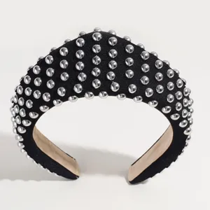 Black wide studded headband retro court style minimalist fabric hair hoop with silver dots
