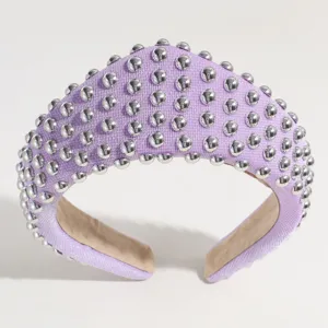Purple padded crown headband with silver metallic studs, elegant court style hair accessory.