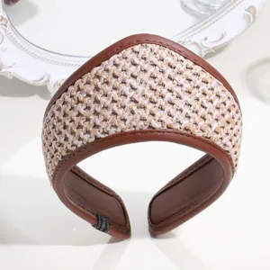Retro crown headband, brown leather trimmed woven fabric hair hoop for women and girls