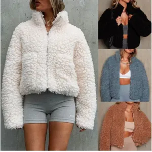 Women Winter Warm Fleece Lambswool Jacket Stand Collar Full Zip Short Coat Casual Streetwear Outerwear