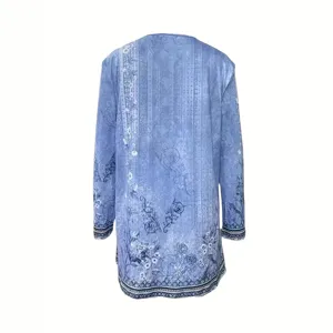 Blue botanical floral print long sleeve open front cardigan casual women outerwear top