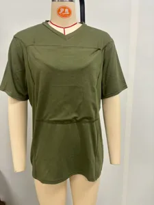 Detailed view of this olive green V-neck t-shirt featuring a unique chest panel design.