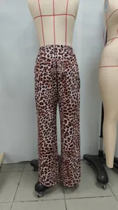 Leopard print wide leg trousers detail, high waist elastic casual long pants for women.