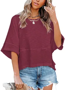 Women casual solid color crew neck three quarter bell sleeve loose t shirt spring summer top