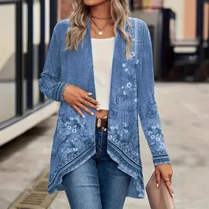 Women Floral Print Cardigan Long Sleeve Open Front Casual Outerwear Plus Size Fall Coat