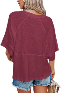Women casual loose raglan half sleeve round neck t-shirt solid color casual summer top