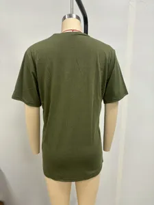 Olive green short sleeve t-shirt back view detail, soft fabric apparel product showcase.