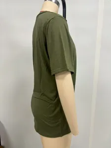 Green short sleeve t-shirt side view detail showing basic casual slim fit fabric design
