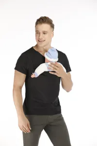 Detail view of men's kangaroo baby carrier t-shirt, casual round neck, functional pocket design.
