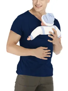 Men's kangaroo dad baby carrying pocket t-shirt casual short sleeve solid blue top apparel