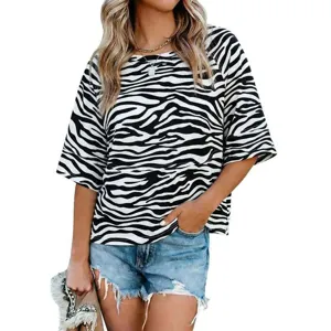Casual zebra print round neck mid sleeve women t-shirt comfortable summer fashion top apparel