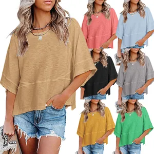 Women's Casual Solid Color Crew Neck Flare Sleeve Loose Patchwork T-Shirt Summer Basic Daily Tee Top