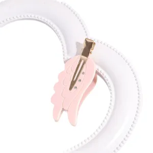Sweet pink angel wing hairpin featuring sparkling rhinestones and gold duckbill clip for girls.