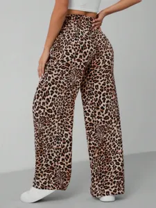 Leopard print wide leg trousers back view detail shot, casual fashion long pants.