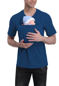 Close-up detail shot of the kangaroo dad pouch T-shirt featuring a baby dummy and hood.