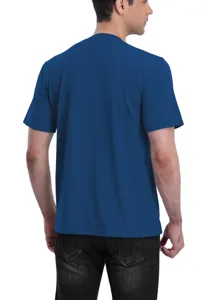 Back view detail of solid blue mens short sleeve t shirt, casual basic wear for daily comfort.