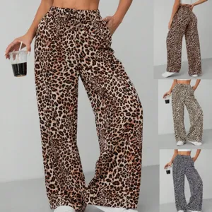 Women's Casual High Waist Leopard Print Straight Leg Wide Leg Trousers Loose Fit Fashion Streetwear Long Pants