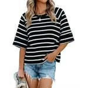 Casual women black and white striped short sleeve t shirt detail view fashion top.