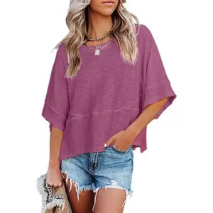 Casual loose round neck short sleeve solid color women tee top for daily summer wear comfort.