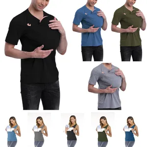 Unisex Multifunctional Baby Carrier V-Neck T-Shirt Hooded Casual Short Sleeve Pocket Top