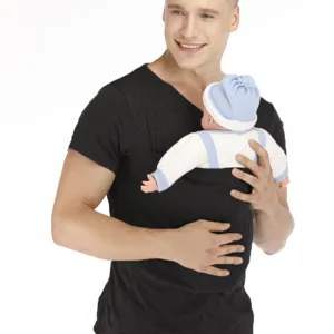 Kangaroo dad pouch t-shirt for baby carrying, casual short sleeve v-neck design for men.