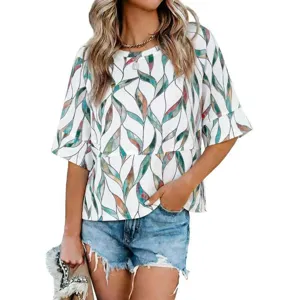 Women summer casual round neck half sleeve abstract print loose top apparel fashion style