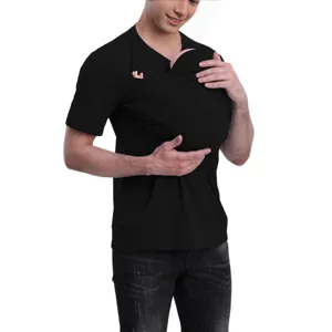 Men Kangaroo Dad Baby Carrier T-Shirt V-Neck Short Sleeve Infant Bonding Top Black