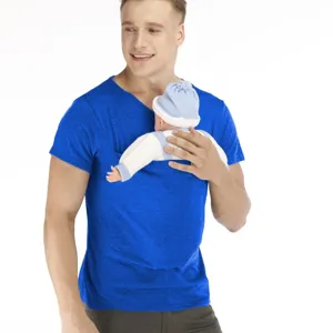 Men kangaroo baby carrier t-shirt dad pouch casual short sleeve blue top summer breathable