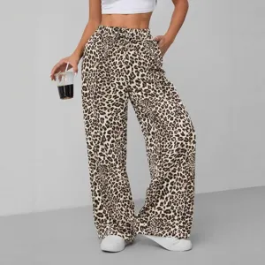 Leopard print high waist straight trousers casual loose wide leg pants fashion women long pants