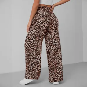 Leopard print high-waist wide-leg fashion trousers for women, trendy long pants main view.