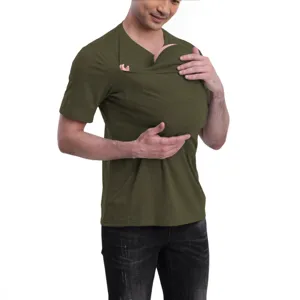 Kangaroo dad baby carrier T-shirt, multi-functional V-neck tee with hoodie for fathers holding baby.