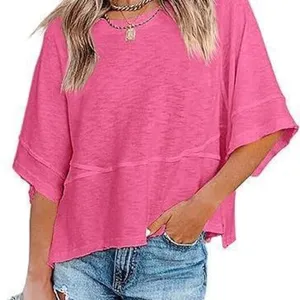 Women casual solid color crewneck half sleeve t-shirt bright pink top detail view