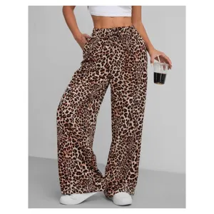 Women leopard print high waist loose wide leg trousers casual fashion streetwear pants