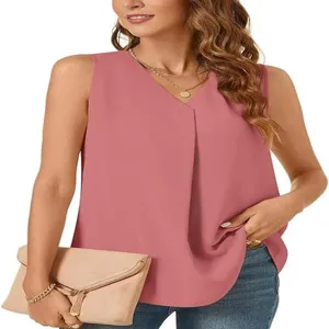 Donne Estate Casual Scollo V Senza Maniche Chiffon Canotta Colore Solido Lenta Camicetta