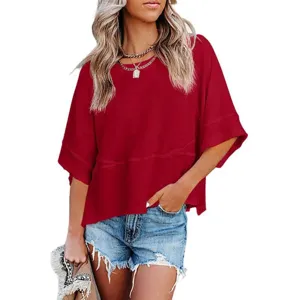 Solid color crewneck half sleeve loose casual t-shirt detail showing comfortable fabric.