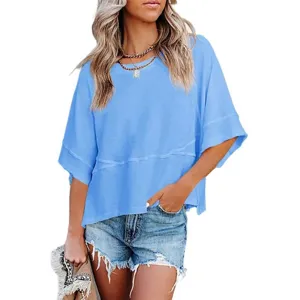 Casual loose solid color short sleeve round neck women t-shirt detail view showing soft fabric.