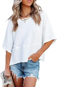 Camiseta casual holgada de cuello redondo y manga tres cuartos lisa para mujer verano