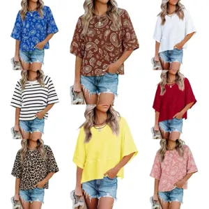Women Casual Loose Solid Color Printed Round Neck Half Sleeve T-Shirt Summer Basic Comfortable Tee Tops