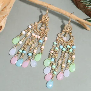 Chic long metal tassel earrings with colorful beads, stylish dangle earrings for women.