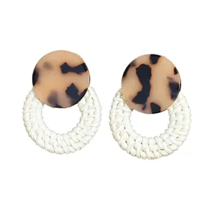 Bohemian tortoise shell and white woven rattan hoop drop earrings for women fashion jewelry