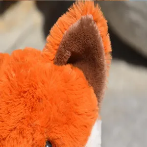 Plush toy detail close up featuring soft orange and brown faux fur texture design style.