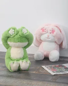 Bonitos peluches de peekaboo con rana verde y conejo rosa, muñecos de peluche suaves.
