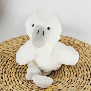 Cute white plush duck toy with soft fluffy fur and grey beak, perfect gift for kids and girls.