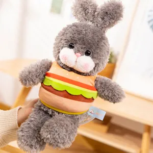 Grazioso coniglio di peluche grigio con costume da hamburger rimovibile, regalo morbido.