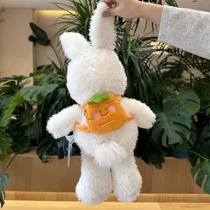 Cute white plush rabbit toy with orange backpack soft stuffed animal doll for kids gift