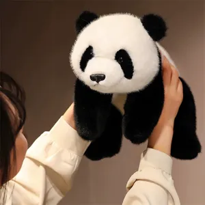 Realistic cute panda plush toy detail view, soft stuffed animal pillow for kids and adults sleeping.