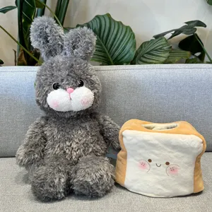 Set bambola coniglio peluche grigio e scatola fazzoletti pane, peluche morbido bimbi.