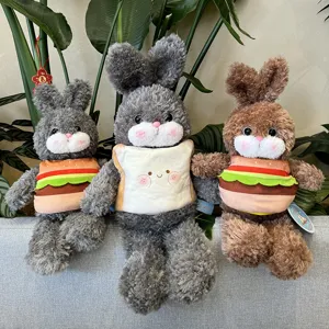Simpatico peluche coniglio con costume rimovibile da hamburger e pane in cassetta, morbido.