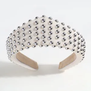 Retro studded padded headband, elegant court style metal rivet hair hoop, beige fabric hair accessory.