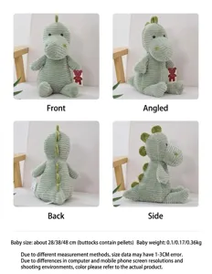 Detailed view of cute green dinosaur plush toy, showing front, back, and side angles clearly.